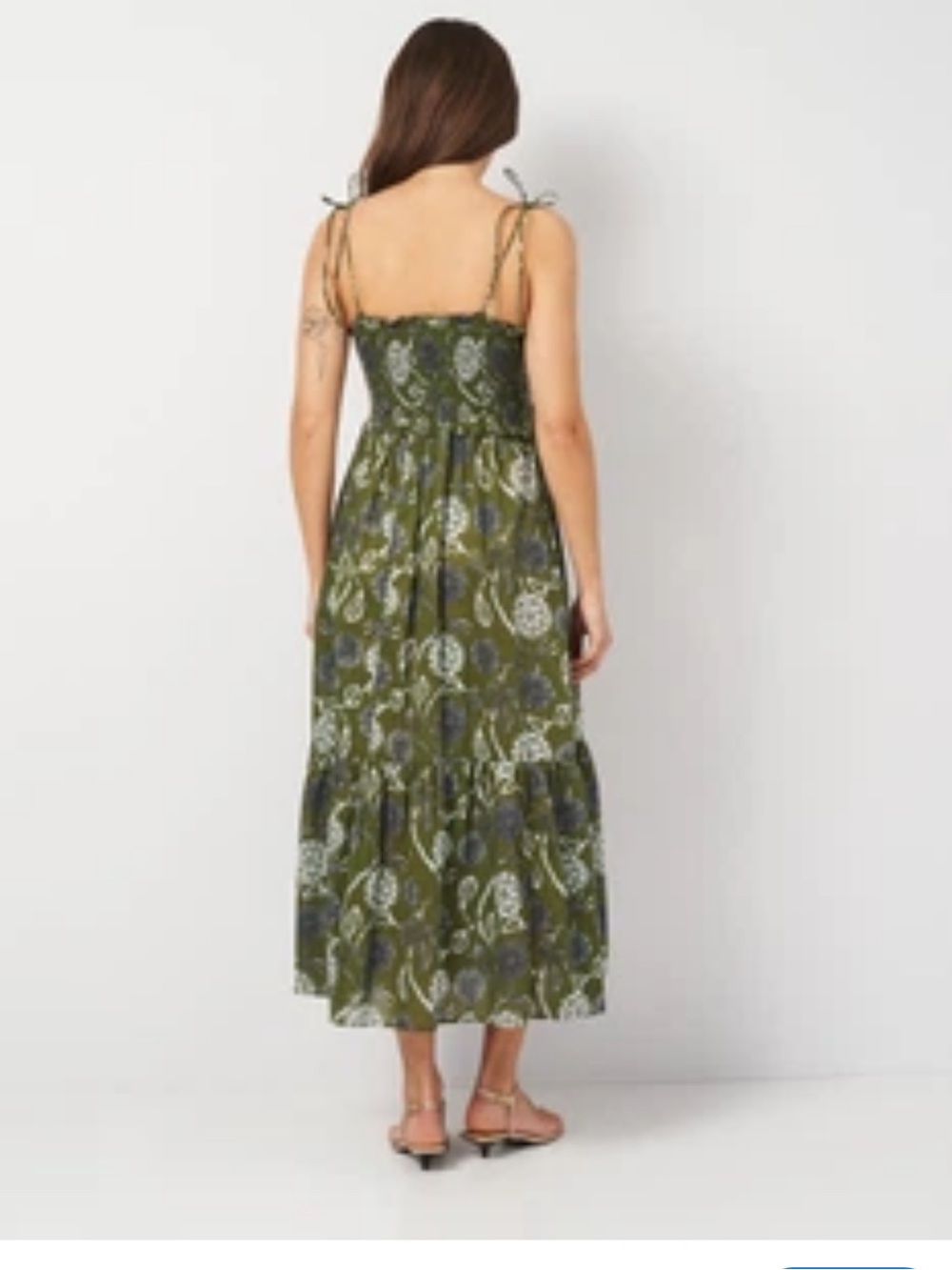Zara Olive tiers Tie-Shoulder smocked Maxi Navy White floral 100% cotton M dress - Picture 2 of 15